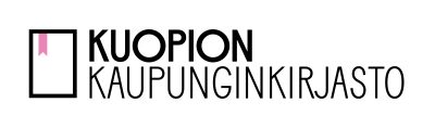 Kuopion kaupunginkirjaston logo, jossa tyylitelty mustavalkoinen kirja ja pinkki kirjanmerkki