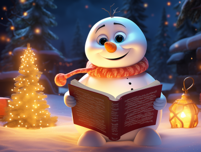 Lumiukko lukee kirjaa ulkona talviyössä. Vieressä kynttilälyhty ja valaistu joulukuusi.