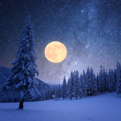 Öinen talvimaisema, jossa etualalla luminen kuusi ja taivaalla täysikuu. Taustalla pieni hirsimökki ja lumista havumetsää.