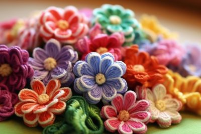 Värikkäitä villalangasta tehtyjä kukkia