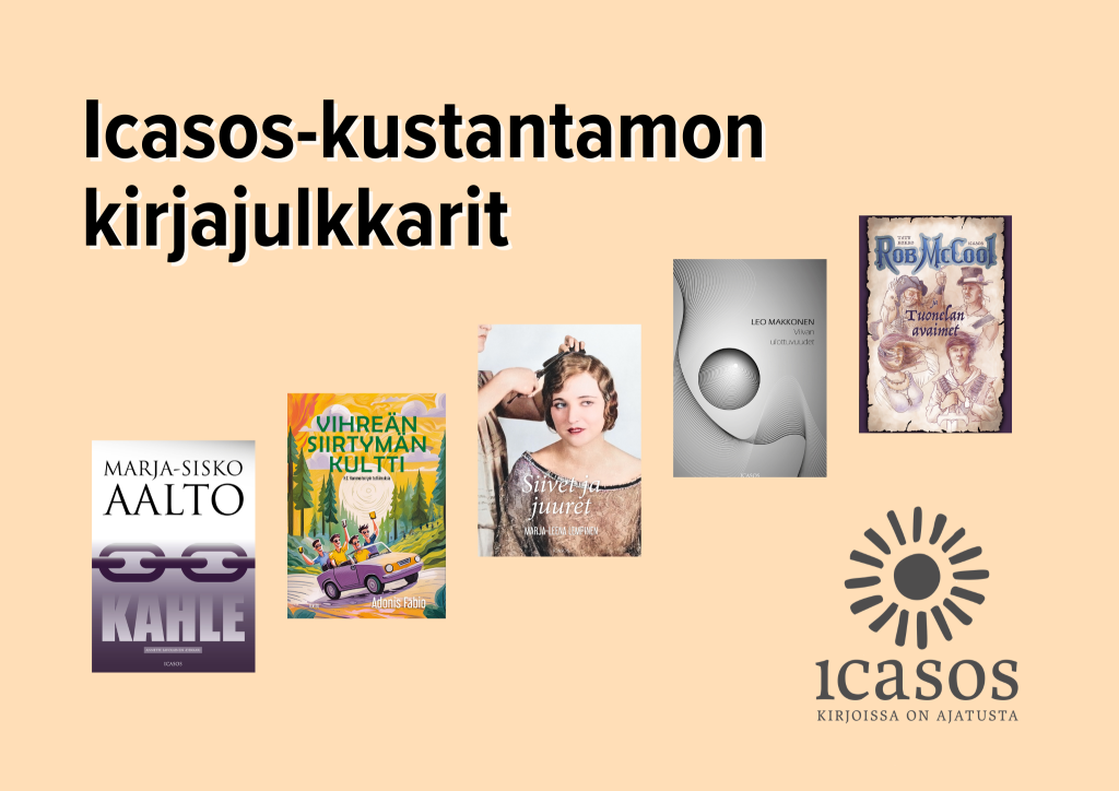 Mainos, jossa julkaistavien teosten kansikuva sekä Icasos-kustantamon logo.