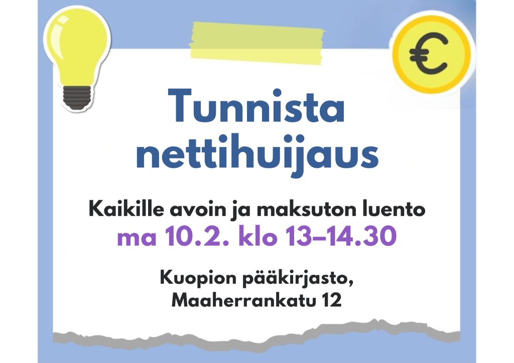 Tunnista nettihuijaus -mainospohja, jossa sinisiä ja keltaisia elementtejä.