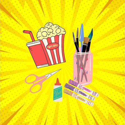 Keltaisella taustalla askarteluvälineitä.