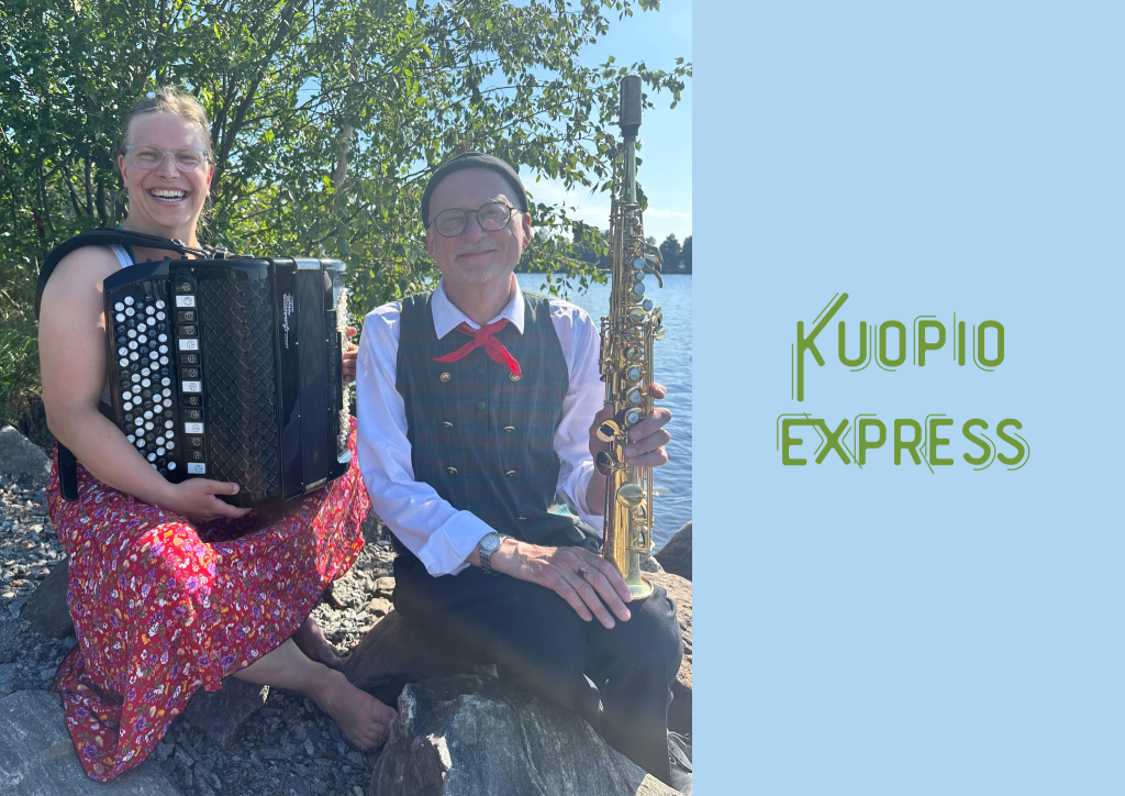 Kuopio Express -duo poseeraa soittimineen kesäisellä rantakalliolla.