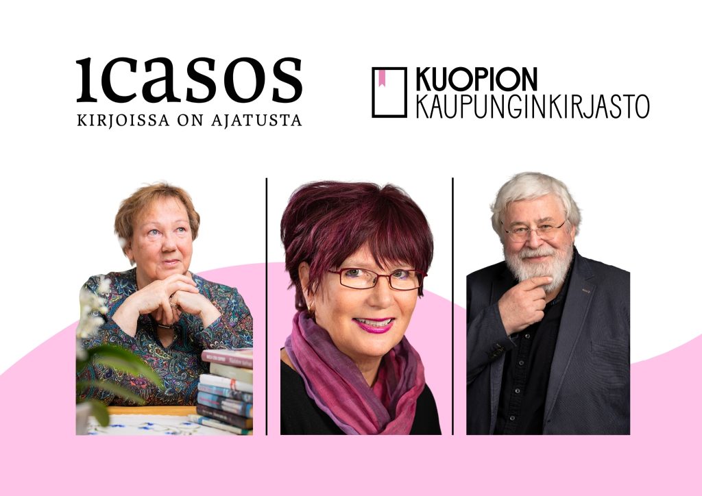Kirjailijat Marja-Leena Lempinen, Marja-Leena Tiainen ja Leo Makkonen vaalealla taustalla ja Icasoksen sekä Kuopion kaupunginkirjaston logot.