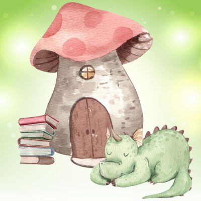 Vihreällä taustalla sienestä tehty satutalo. Talon edessä nukkuva vihreä lohokäärme ja toisella puolella kirjapino.