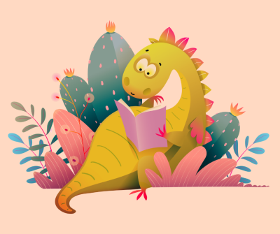 Piirretty lohikäärme lukee kirjaa.