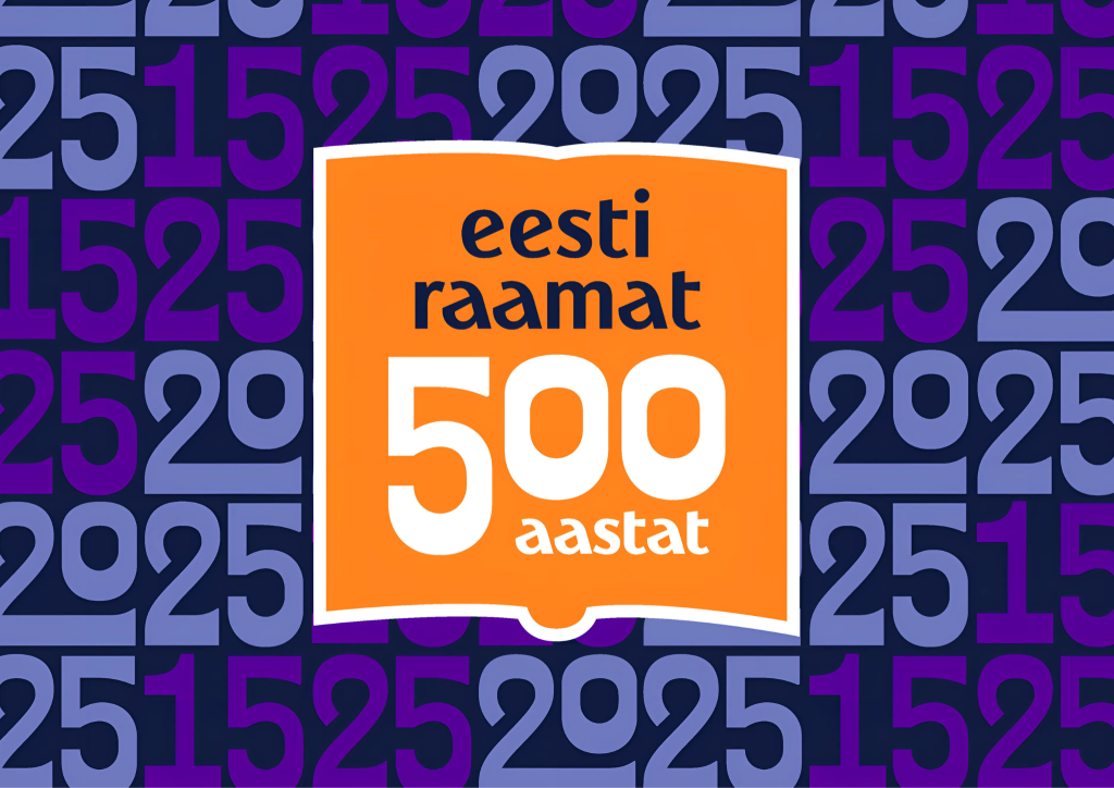 Oranssi, vironkielinen "eesti raamat 500 aastat" -logo, violetinsävyisellä pohjalla