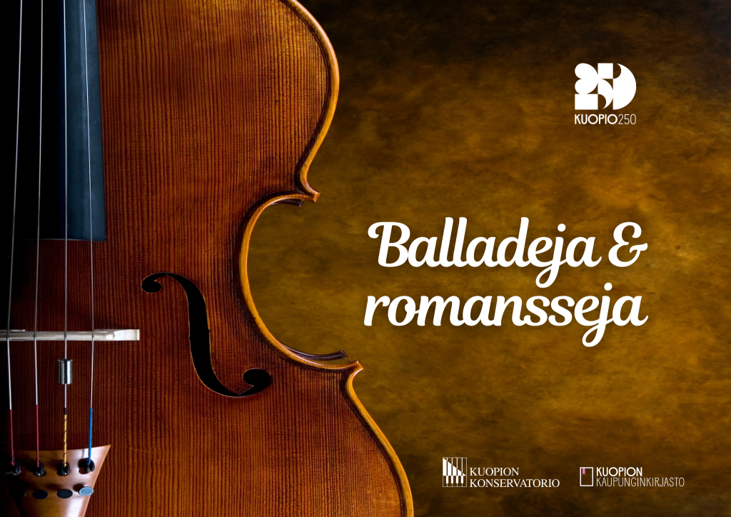 Kuvassa osa selloa ja ruskealla taustalla valkoinen teksti "Balladeja & Romansseja"