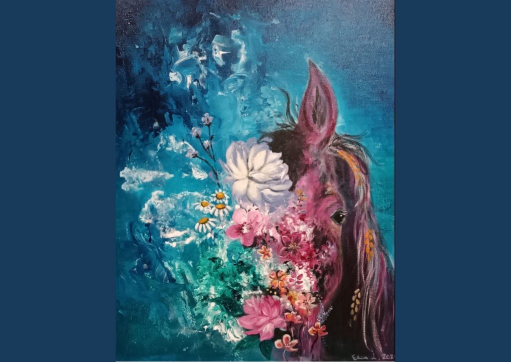 Sinisissä kehyksissä sini- ja ruskeasävyinen hevosmaalaus.