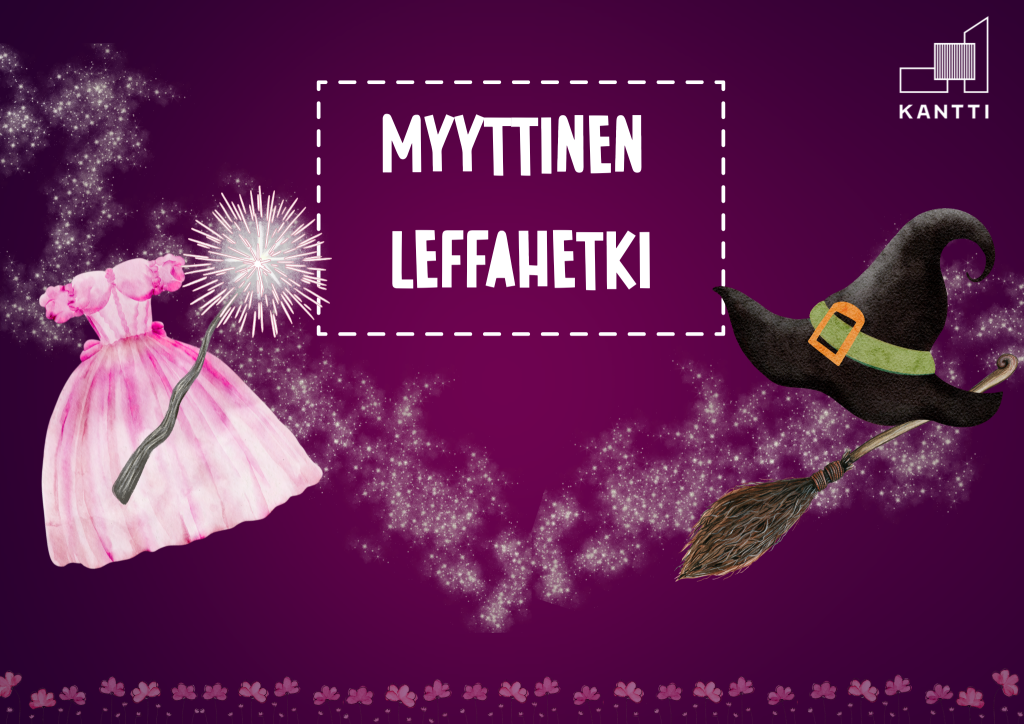 Purppuraisella pohjalla mm. noidanhattu ja luuta, Kantti-logo ja valkoisella teksti "Myyttinen leffahetki".