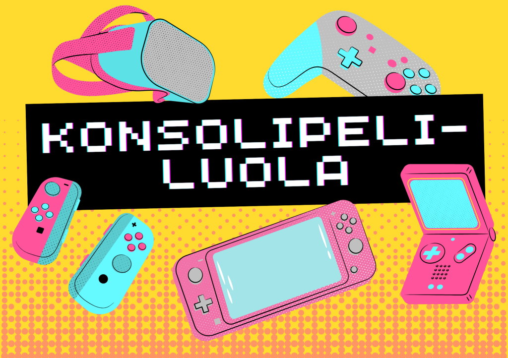 Värikkäässä grafiikassa peliohjaimia ja mustalla taustalla valkoinen teksti "konsolipeliluola".