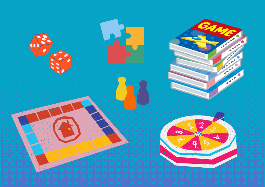 Värikäs grafiikka, jossa erilaisia pelejä ja pelinappuloita.