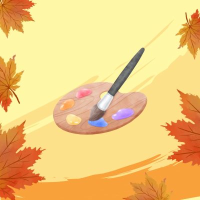 Syksyn lehtiä reunoilla ja keskellä vesiväripaletti.