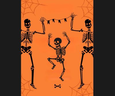Kolme luurankoa tanssii oranssilla taustalla.