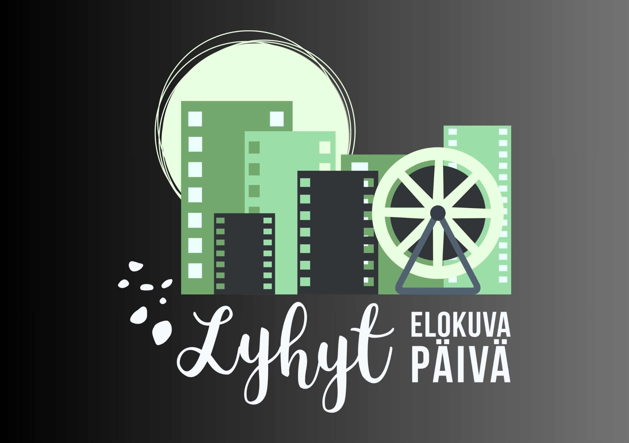 Lyhytelokuvapäivän graafinen vihreasävyinen juliste tummalla pohjalla.