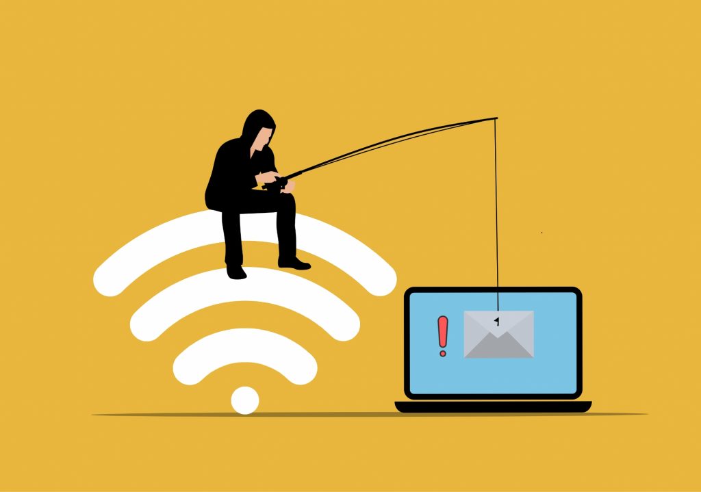 Keltaisella pohjalla WiFi-merkin päällä istuva tumma hahmo, joka 'onkii' sähköpostiviestiä näytöstä.