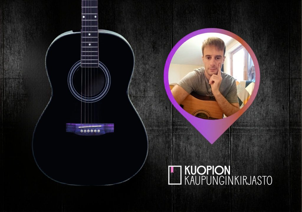 Tummalla grafiikkapohjalla tyylitelty kitara ja pikkukuvassa Gabriele  Gigliucci soittimineen