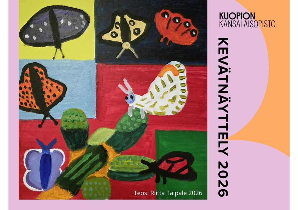 Ote Kuopion kaupunginkirjaston värikkäästä näyttelymainoksesta 