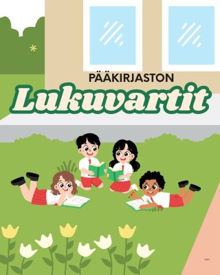 Lapset lukevat kirjoja kesäisellä nurmikolla.