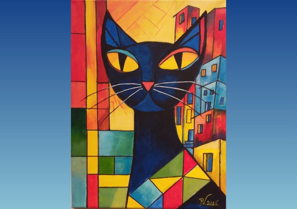 Värikäs modernistinen kissamaalaus.