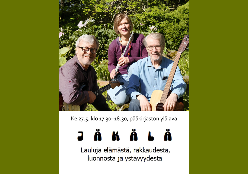 Jäkälä-yhtyeen kolme jäsentä poseeraavat soittimiensa kanssa kesäisessä kuvassa.