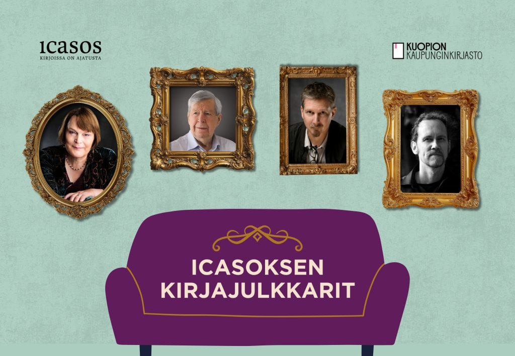 Grafiikka, jossa sohvan takana seinällä kehyksissä esiteltävien kirjailijoiden potretit.