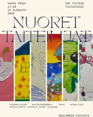 Nuoret taiteilijat. Osia taideteoksista värikkäistä vierekkäin.
