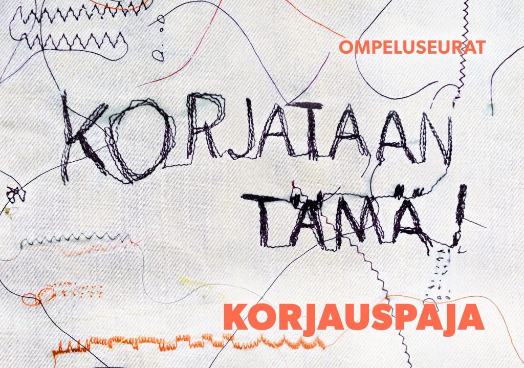 Korjaustilkku, jossa ompeleita ja oranssilla teksti "Ompeluseurat" ja "Korjataan tämä"